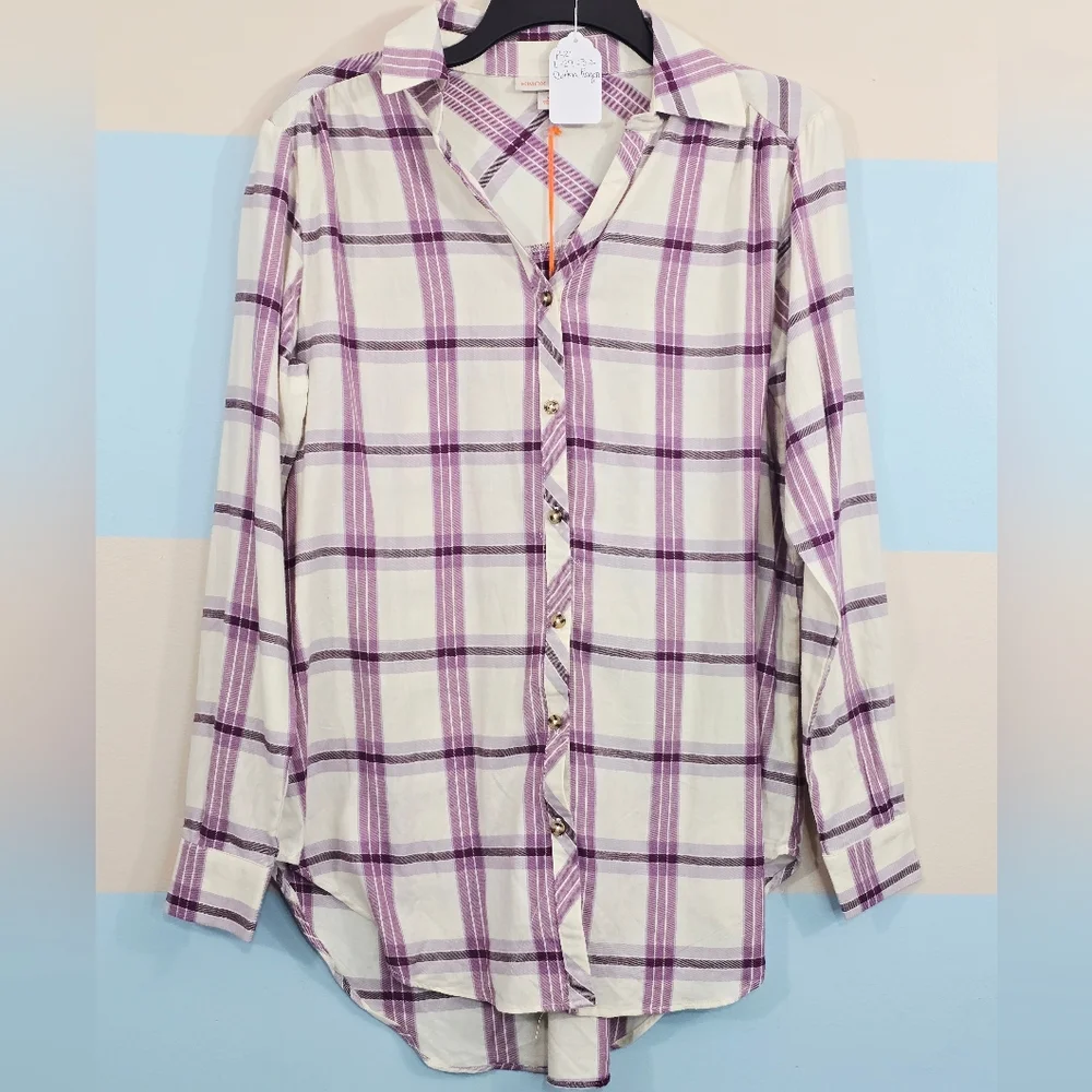 NWT Knox Rose Oversized  Purple Plaid Button Front Flannel - Picture 2 of 9